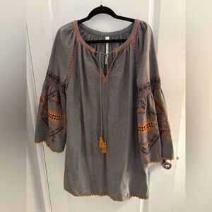 Uncle Frank Gray Long-Sleeve Embroidered Dress with Multicolor Accents Size L